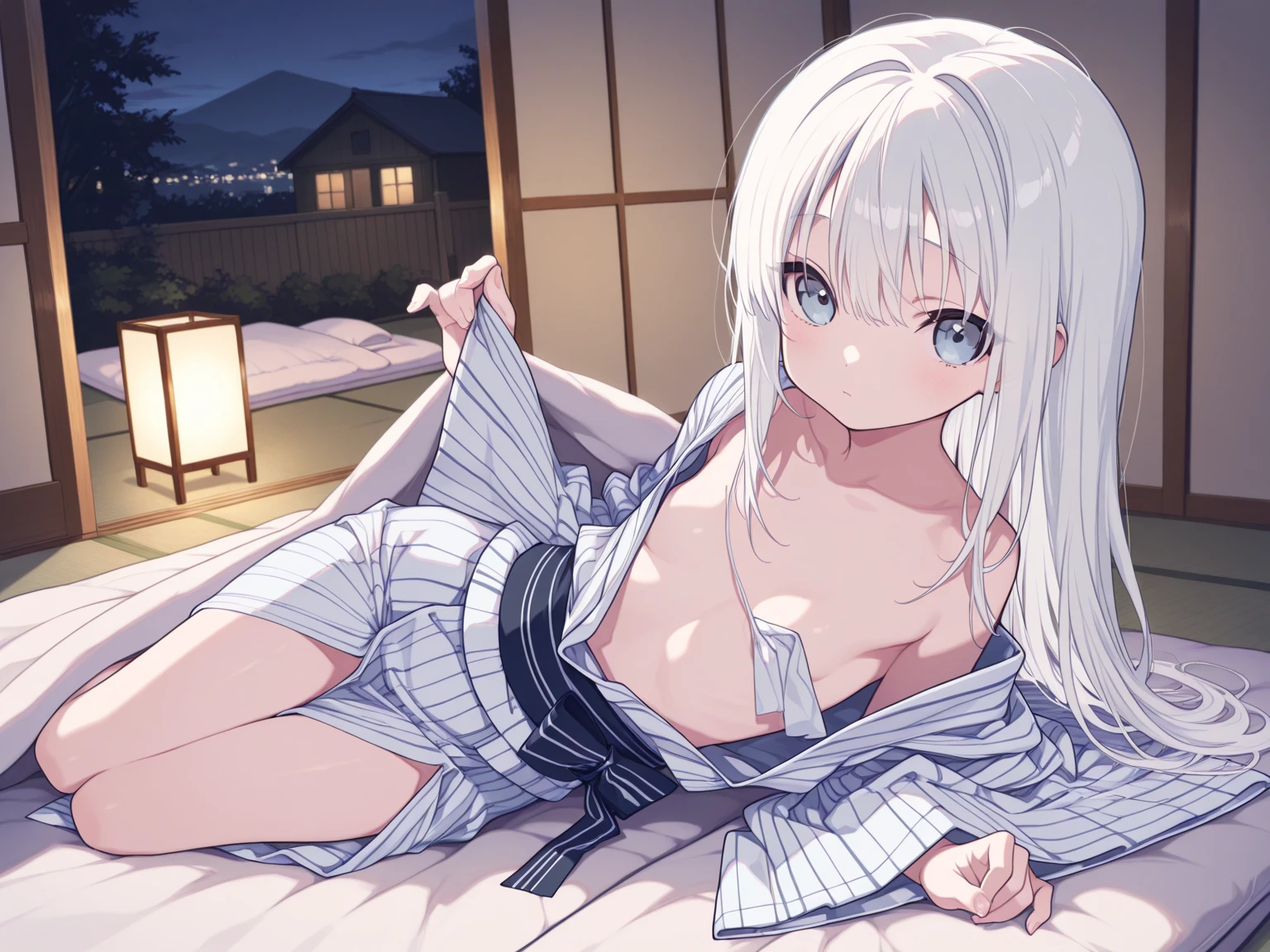 masterpiece, (best qulaity:1.3), 8K, wallpaper, depth of field, beautiful detailed eyes, (1girl, la folia rihavein, white hair, (long hair:1.15), breasts, (cleavage), nipples, window, (night
sky, cityscape, sea:1.2), indoors, (legs, ass, blush), teeth, smile, (leaning forward, all fours, on bed), (blush), sheet, collarbone, collarbone, completely nude, pov, looking at viewer) <lora:la_folia:0.8>