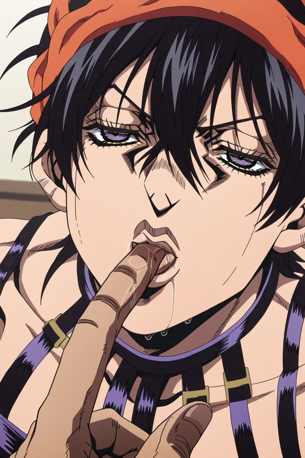 core_9, score_8_up, score_7_up, score_6_up, score_5_up, score_4_up,source_anime, fay3val3nt1n3, 1girl, purple hair, short hair, lipstick, green eyes, solo, yellow hairband, yellow crop top, red jacket, off shoulder, bare shoulders, yellow shorts, breasts, blowjob, blowjob face, looking at viewer, small dick, giving blowjob, face focus, angry, male pov, deepthroat, ass, on all fours, spread legs, spread arms, cum, cum in mouth,