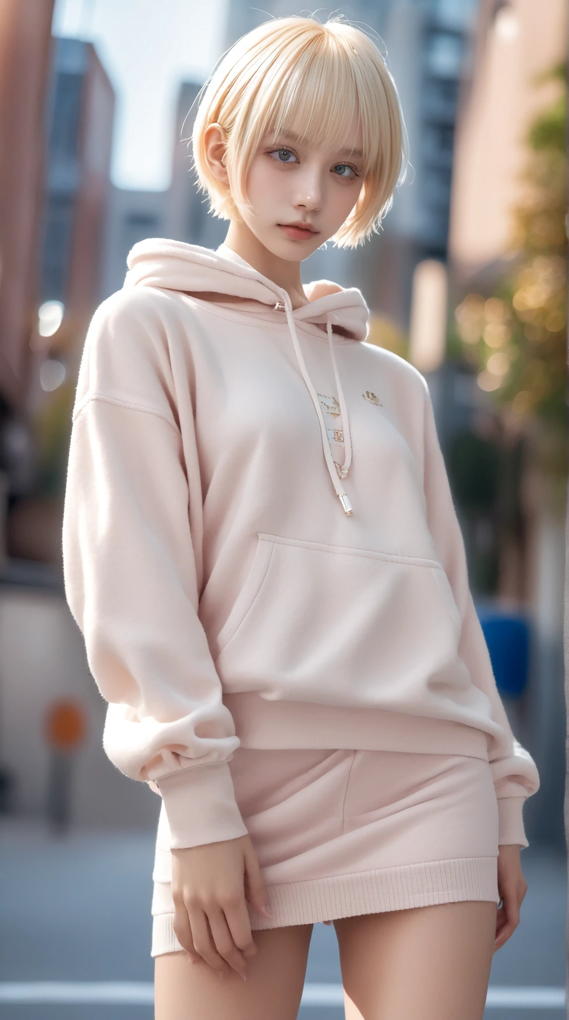 (Highest quality:1.4), (super high quality:1.2), RAW Photos, (Realistic, Realistic:1.37), Professional photography, ((because:1.3), Cinematic Light, One personの少女, One person, so beautiful, very cute, Great face and eyes, Light Hoody, Shorts, Large Breasts, Simple Background, Pink inner color hair,