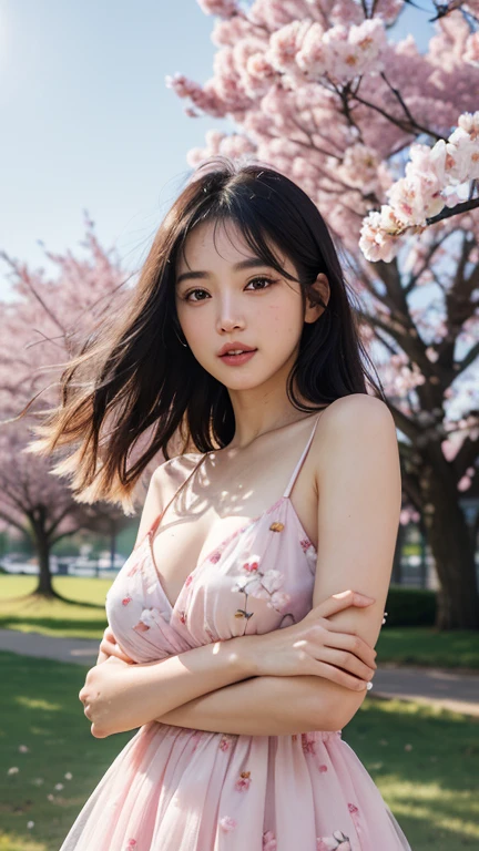 masutepiece,the Extremely Detailed CG Unity 8K Wallpapers,1girl in, Beautiful, Realistic, Blurry, Blurry_Background, Blurry_Foreground, branch, brown_hair, Plum Blossom, Depth_in the_field, earrings, flower, Jewelry, Nose, Realistic, Solo,chinese clothes,Hidden fingers, Hidden arms, Wear only a bra