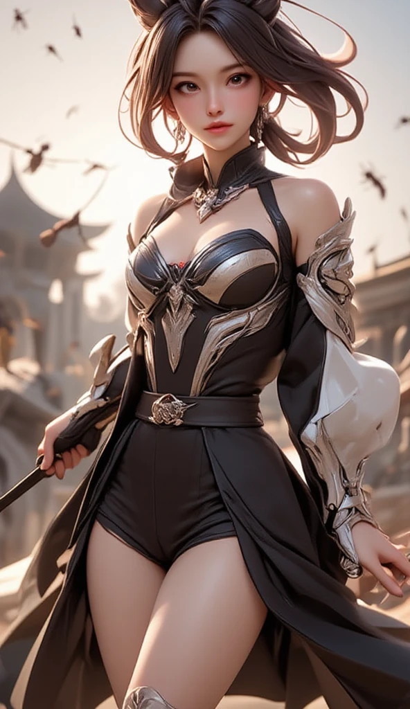 Full body, gray hair, (Dragoon: 1.2), Brantovan, masterpiece, best quality, official art, very elaborate CG Unity 8K wallpaper, for girls, ultra high resolution, (photorealistic: 1.4), golden hour lighting, sweater dress, (upper body), (platinum shorthair: 0.8), (puffy eyes), looking at the viewer, frontal, smile, medium breasts, gentle smile, Shirt lift, gloves, short hair