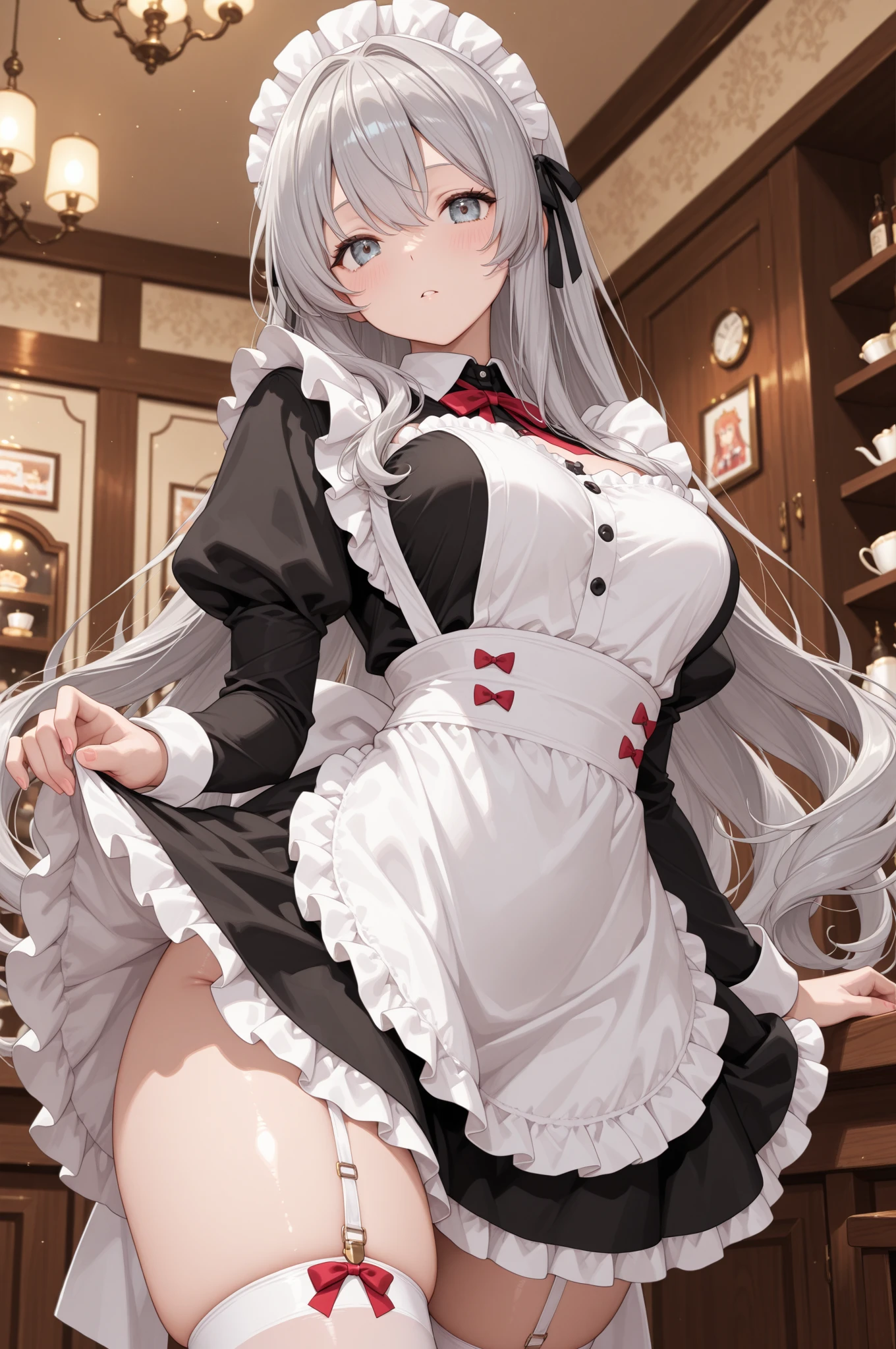highest quality、masterpiece、((1 girl))、((smile))、(blush:1.5)、black shirt、blouse、((fun!!))、(small breasts)、(Cat ear:1.3)、(silver hair)、()、((white apron:1.5))、((maid))、((hair ornaments)),、Kamimei、look at me、 ((in house:1.5))、 Take a break to watch the audience、cowboy shot、(skirt lift:1.3),(highly detailed white panties:1.3)、(highly detailed panties:1.3)、、(スカート that rolls up:1.3)、(fully exposed panties:1.5)、light blue eyes、long hair
