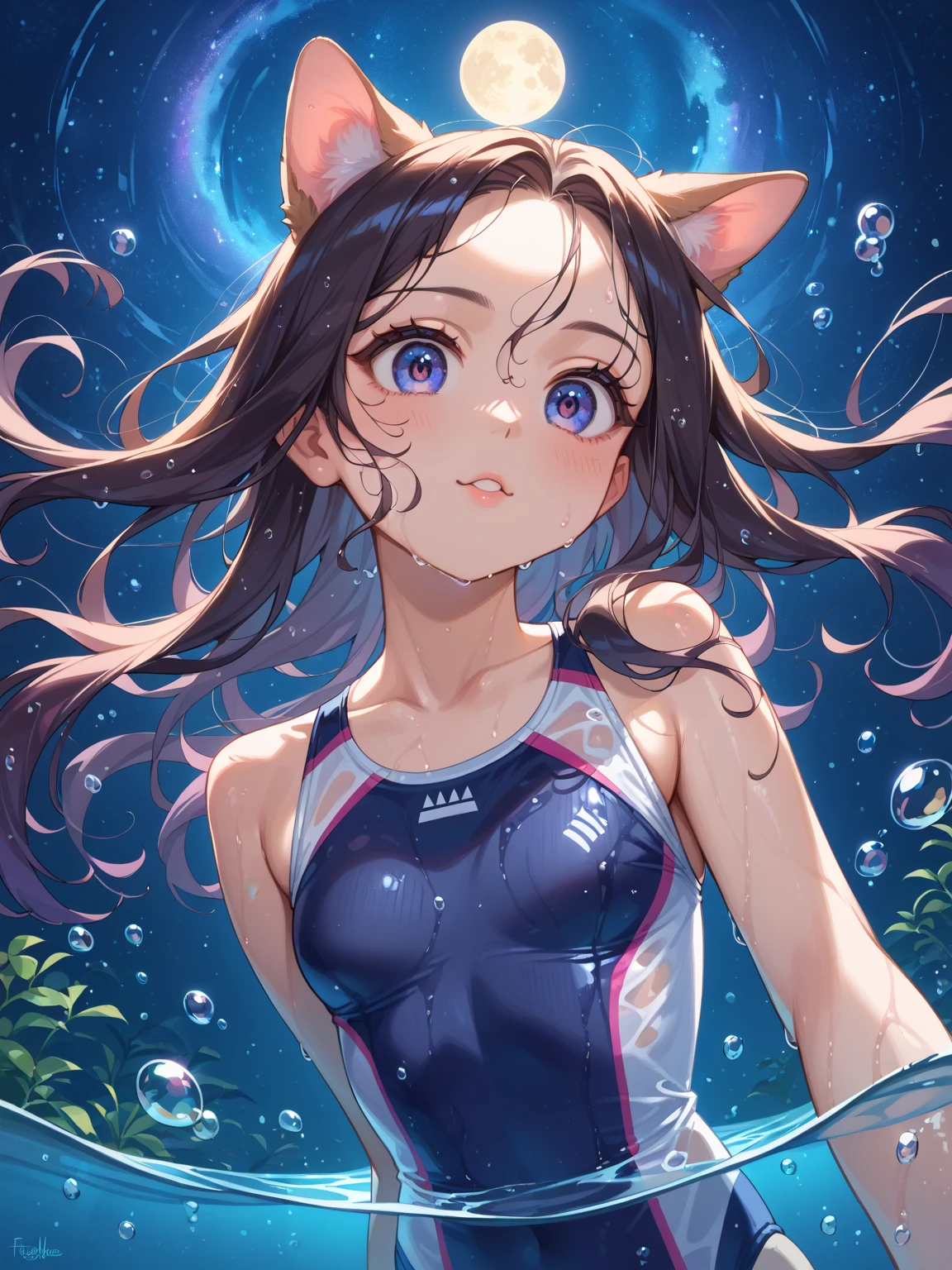 (Tabletop.highest quality).(Dynamic Angle). (Incredibly detailed CG paintings),(Perfect Image)、Comic Strip.figure.One Girl.Detailed face、Perfect Face.Delicate face、Textured skin、Black Hair.length、(Horse-eared girl)Horse-eared girl、((Beautiful Blue Eyes)).Delicate and beautiful eyes、The eyes are detailed、Reflective Eyes、Watery eye、smile.(Staring at the audience:1.3).(My face got a little red:0.8)、8k wallpaper、Cowboy Shot、reflected light、Highest detail、Complex、Delicate background、Textured skin、Detailed skin、Swimwear, ((カラフルなSwimwear))