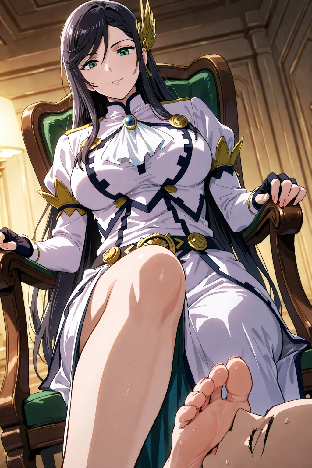 (girl: long hair, big breasts, satisfied face)
(guy: confused face. short figure)
(The girl uses her hand to place her chest on the boy's head)