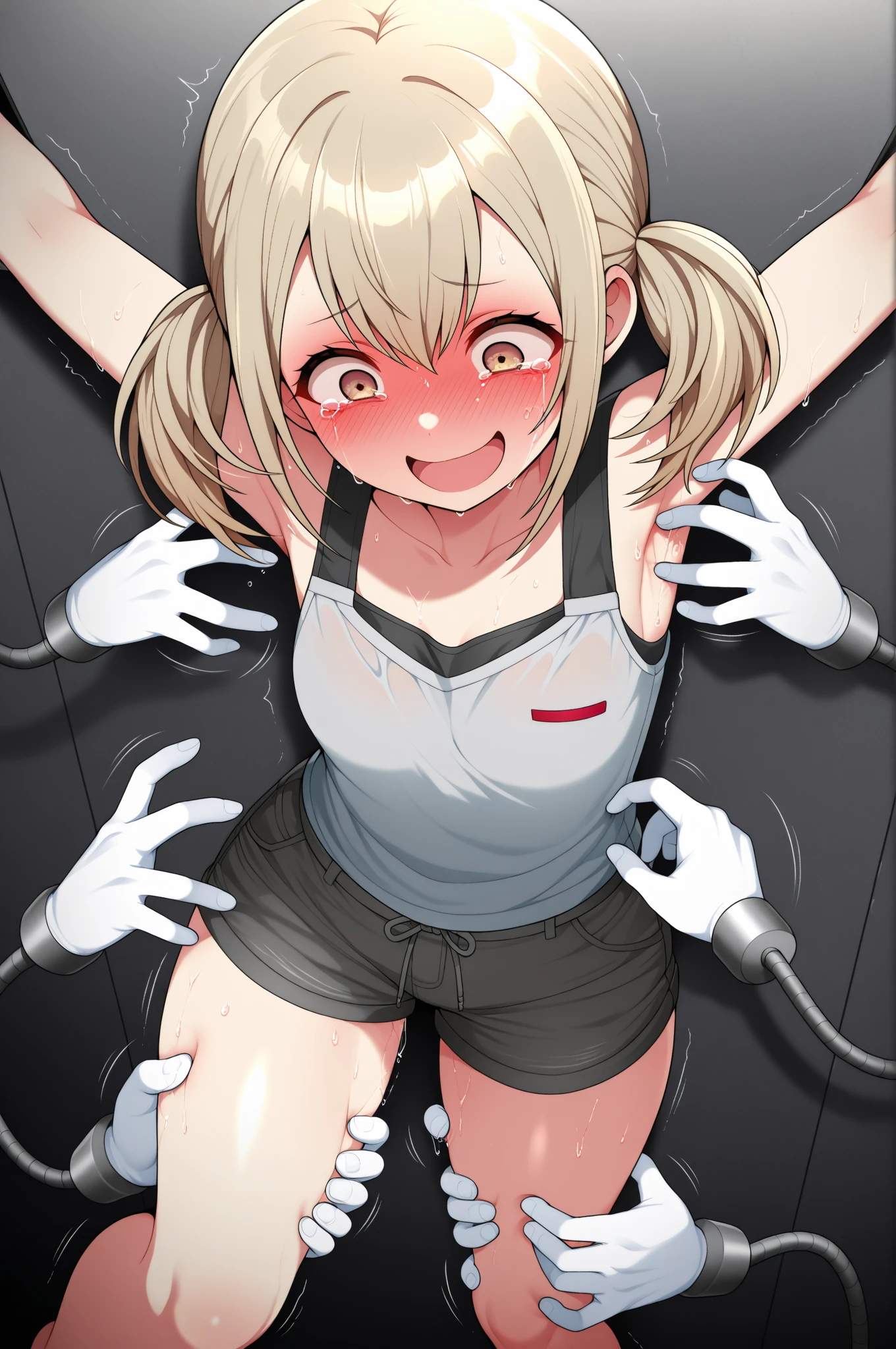 A Female robot is sleeping in forest, spread legs, nude, banzai pose. she wears no dress. She Brown short hair is tied with two big red clothespins, She lifts up the under hem of her white plain dress, leaning over, masterpiece, very short pigtails,brown hair, mature, android, blue eyes, full body figure, Height: 160cm, flushed cheeks, 2020s anime picture, A beautiful robot with short brown hair in two short pigtails held up by two very large huge red clothespins, Uplifting, No NSFW, whole body, barefoot, archaic smile, getting orgasm, 25 years old, sweat bucket. She wears metal flamed glasses. Her vagina looks like tentacle.