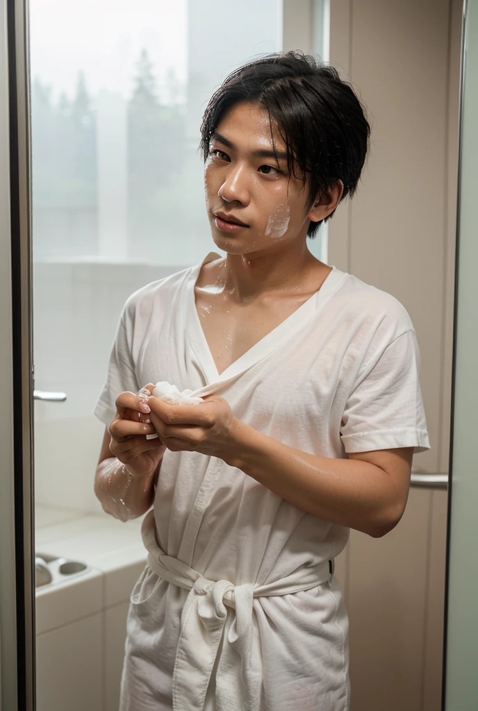 Japanese men、13 years old、Well-developed muscles and smooth skin、Fluffy, voluminous, bright green hair、Light blue boxer briefs、You can see the whole body from head to toe.、Smiling softly and friendly、Hero Academy、Masculine poses in the shower