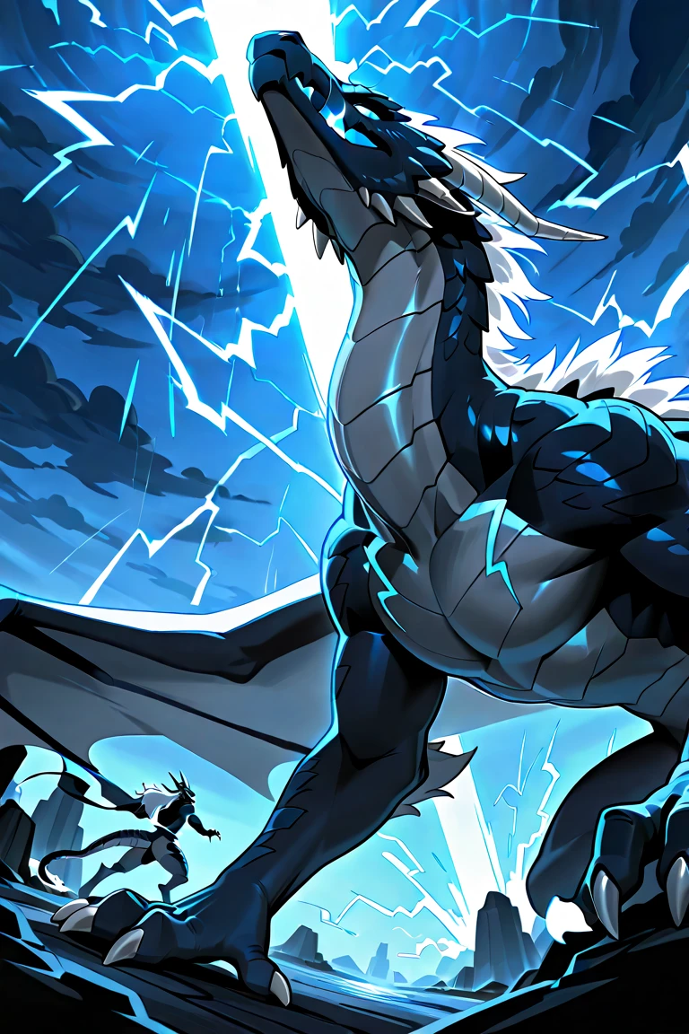 anime character with glowing eyes and horned head in a lightning storm, This character has cryokinesis, poisonous, venom symbiote, from cryptid academia, transforming into its final form, symbiote, cyborg dragon portrait, venom fangs, From the Supreme Lord, from the Pacific Rim, cyborg vegetable dragon, an epic anime of an energetic man kaiju n11, in a deserted place full of debris