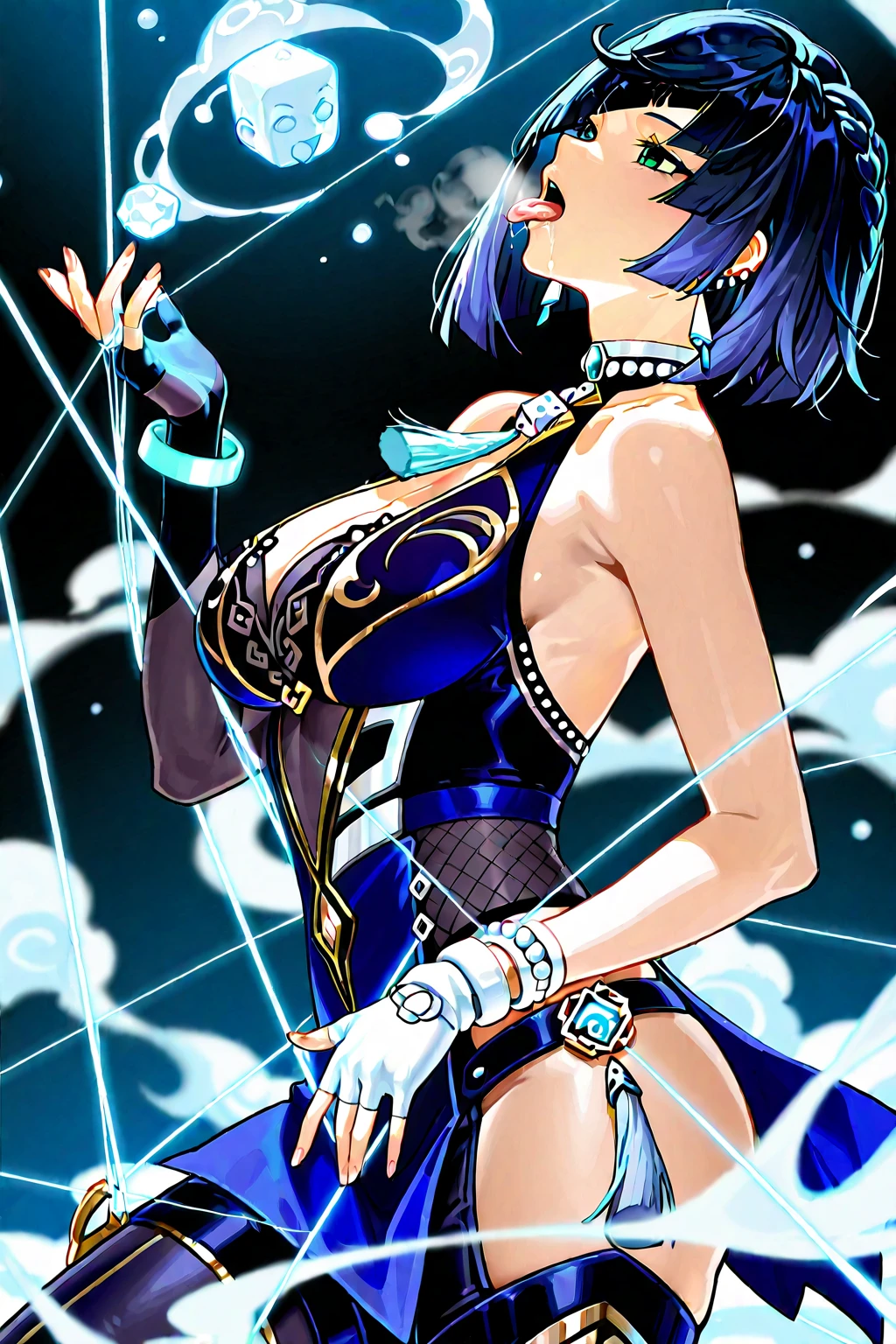 faux traditional media, mature female, beautiful, anime visual, (magazine cover:1.2), ultra-detailed shot of a Strange lanky Goddess, beautiful, purple hair, Hair clip, idol outfit, 1girl, avatar icon, arknights, card \(medium\), game character concept, jrpg, 800mm lens, official alternate costume, sharp focus, depth of field, volumetric lighting, ((stylish, vintage)), (pinup:0.5), studio lighting