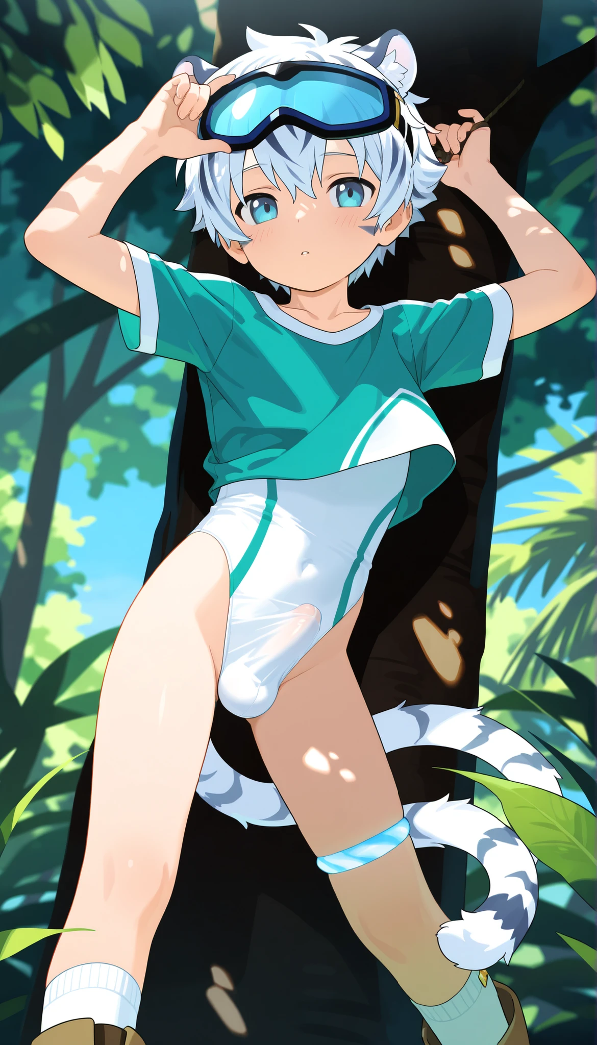 a boy,short hair,cute,一个棕发的穿着白色裤袜的 Shota, wearing goggles on the head, White Tiger Ears ,Masterpiece, best quality ,male focus, Shota,summer,Short sleeve,cowboy shot,Little Hero,(( white socks)), wearing a form-fitting one-piece leotard with a futuristic design featuring green or blue and white colors along with stylized graphics. The person's left hand rests on their torso, capturing the length of the body. The background shows a striped bedspread and indoor surroundings. Natural lighting softly illuminates the scene from the left, with a calm and relaxed atmosphere,erection under clothes,Boots, leg rings,sock clip