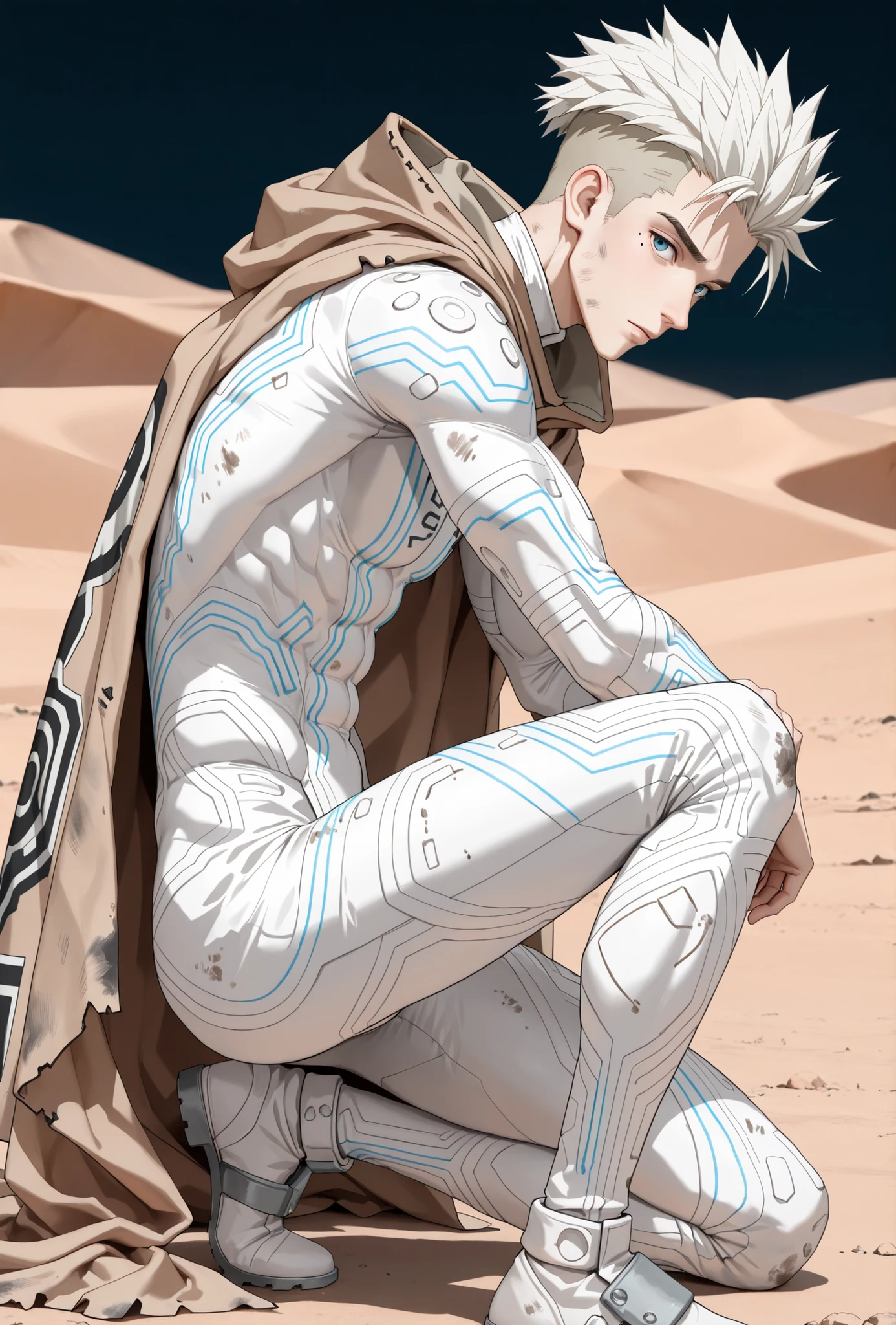 (masterpiece:1.35), (very aesthetic, best quality:1.3), highly detailed, dark environment, backlit, absurdres, close-up view, hyperdetailed realism, addmicrodetails, realistic 3d artstyle, detailed shading, realistic clothing and textures, solo, looking at viewer, 3d anime style, anime style, 1man, slender, toned, muscle, White hair, spiked hair, mole, topless male, solo, undercut, blue eyes, (Trigun), (Millions Knives), white bodysuit, glowing lines on bodysuit, blue eyes, standing, from side, brown cloak, tattered cloak, dirty, weathered, desert background, on one knee,