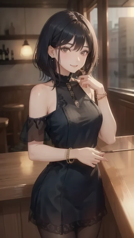 masterpiece, High resolution, perfect face, beauty of japan, 30 years old, beautiful face, night bar, turtle neck seater, skirt, embarrassed look, look at the camera, (top quality eyes), (detailed texture), look at me, Married woman, cool women, (high resolution eyes), sitting on the bar chair
