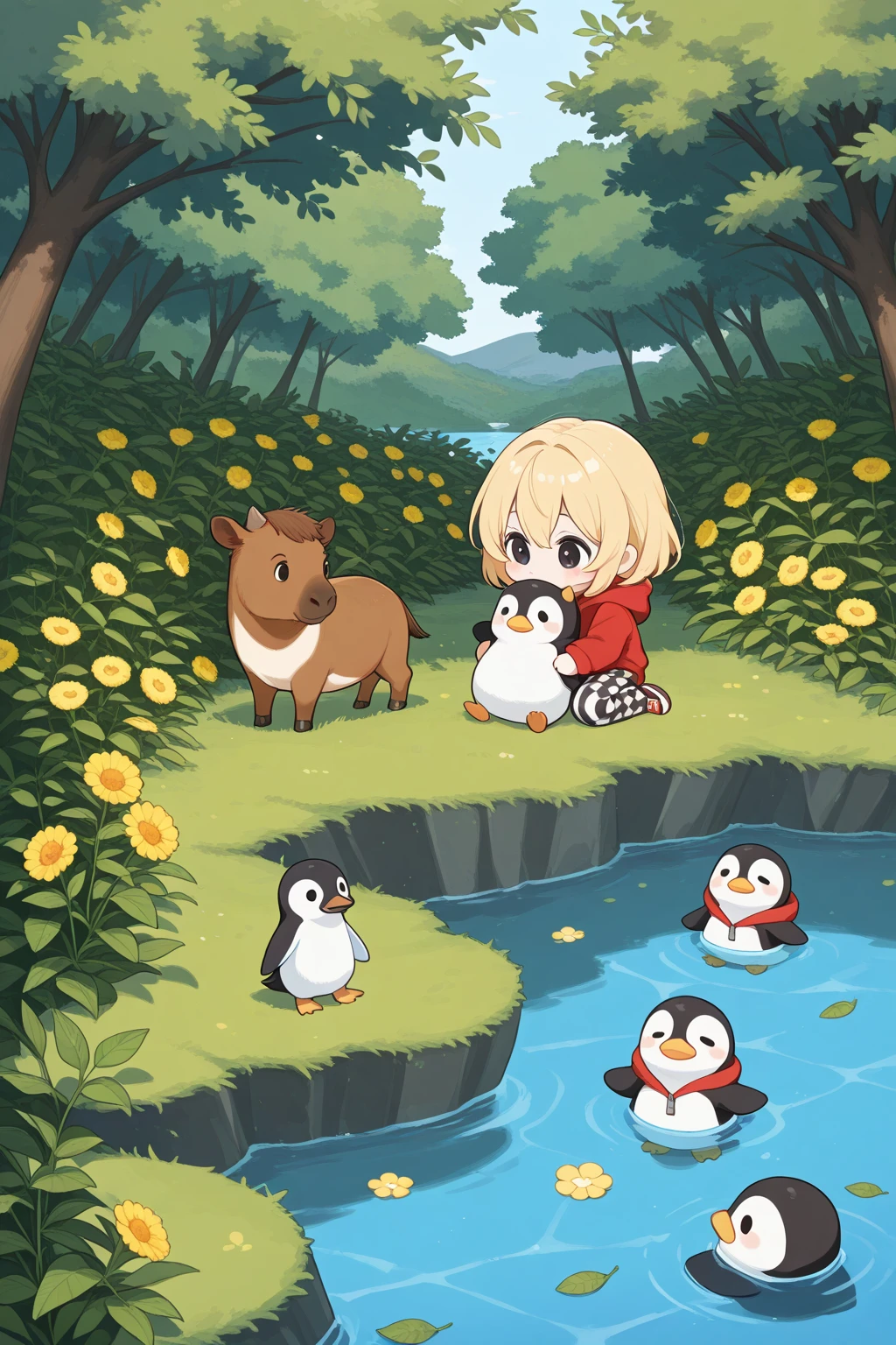 Girl blue striped long skirt flower sea border collie