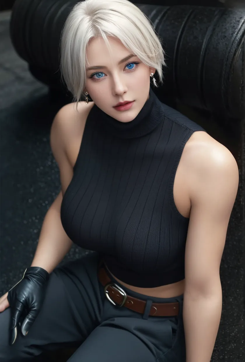 Masterpiece, high resolution,1girl ,white hair, short hair, black gloves, shoulder pads, black pants, blue cropped sleeveless jacket,(Skindentation:1.5) night time shopping mall background, looking away, (large breasts:1.5), narrow waist, thick thighs, huge ass, <lora:Jett-05:0.8>