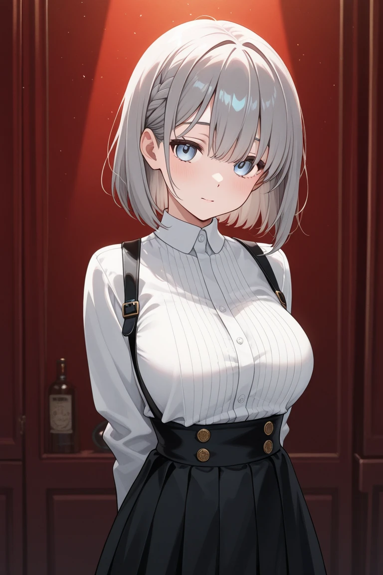 ((masterpiece, best quality)), (1girl), (solo), (female focus), (ahoge, white hair, short hair), black eyes, light smile, open mouth, ((white shirt), (buttoned shirt ), (button slit)), ((black dress), (short skirt)), standing, white background, behind arms, dynamic angle