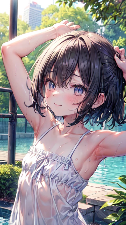 (masterpiece), best quality, (16k), expressive eyes, perfect face, teenage, 1 girl, solo, flat chest, navel, BREAK, ((wet black frilled bikini)), ((wet black layered mini skirt)), bare arms, bare legs, shiny skin, wet body, BREAK, brown hair, bob cut, wet hair, brown eyes, smile, BREAK, outdoors, in the pool water garden, wading, standing, (cowboy shot), ((from front)),