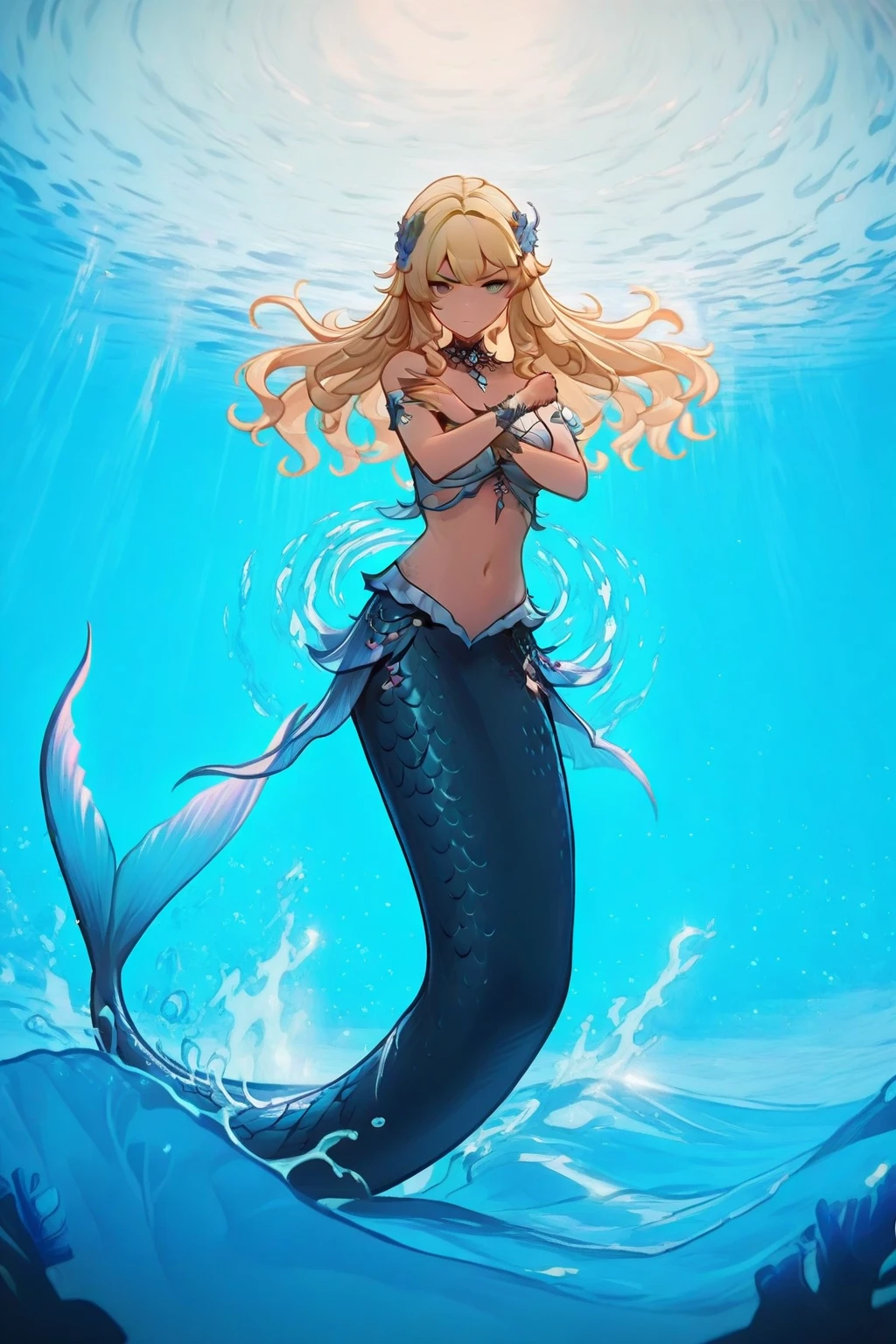 Mermaid girl anime, mermaids, Angry girl, Blonde girl, mermaids, waterpower, blonde flowing hair, flat anime style shading, anime woman, anime-style character, flat anime style, powerful posing, blond hairbl, Mermaid costume, powerful posing, aquatic, Powerful anime girl, Underwater，fish flocks
