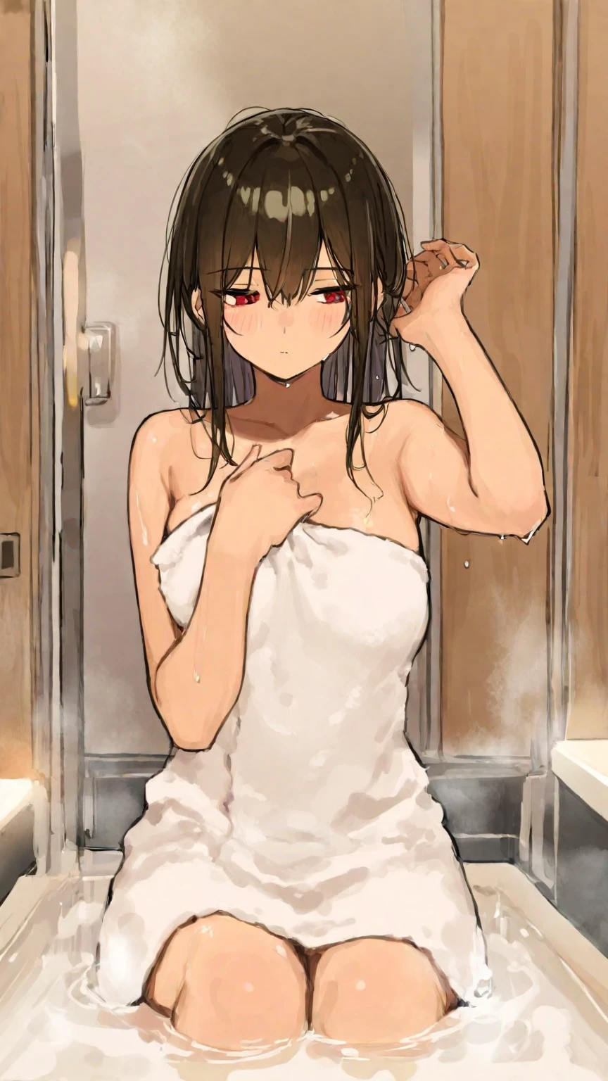 Woman hiding breasts with towel