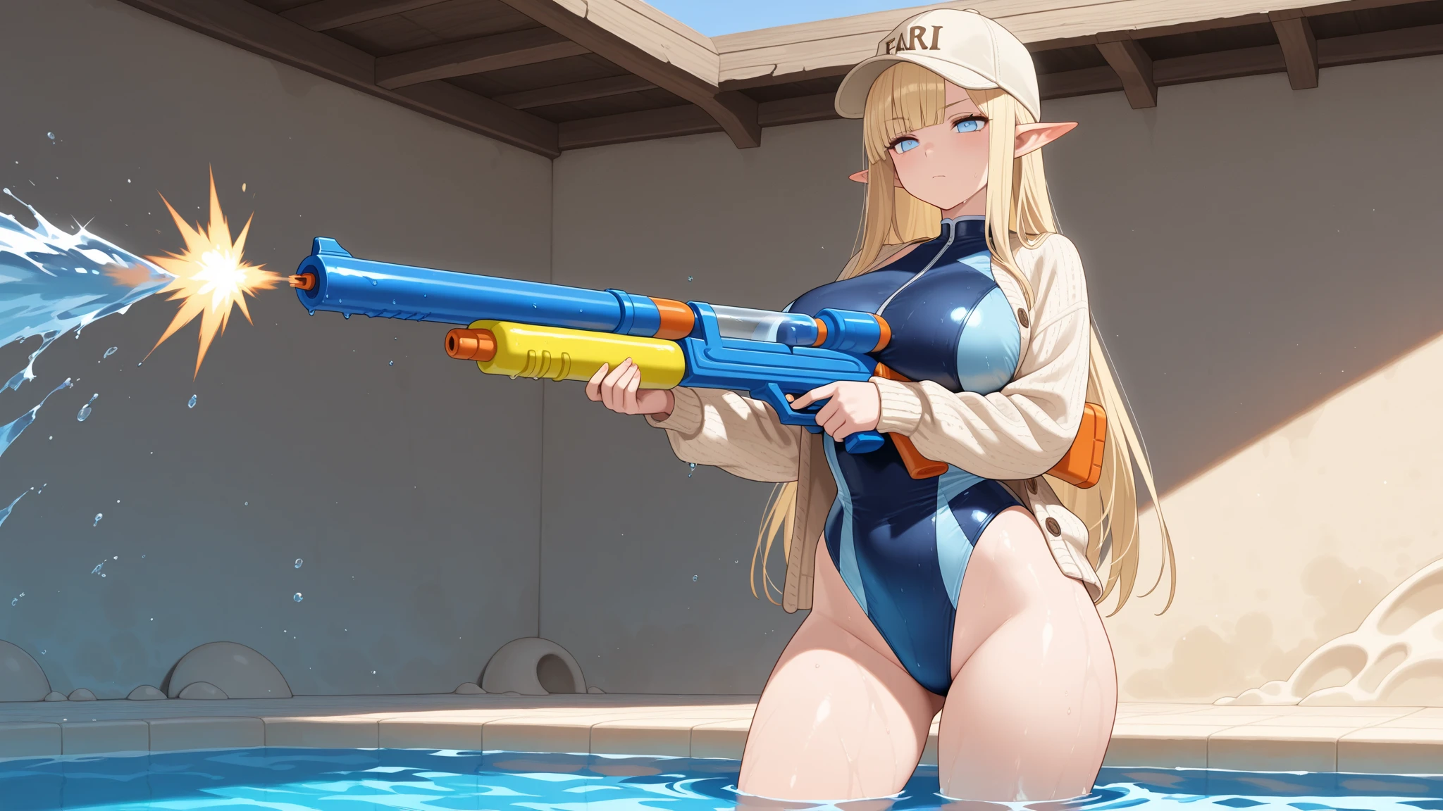 mperial Guard Combat Uniform Swimsuit, o-ring bikini, v gundam, swimsuit, absurdres, highres, solo, cowboy shot, 1girl, neneka nibrou \(cosplay\), wristband, headphone, holster, backpack, holding gun, aiming, perfect hands, wind, (highres,best_quality,masterpiece), large breast, huge breast, princess pride, girl, blonde wavy hair, blue eyes, long hair