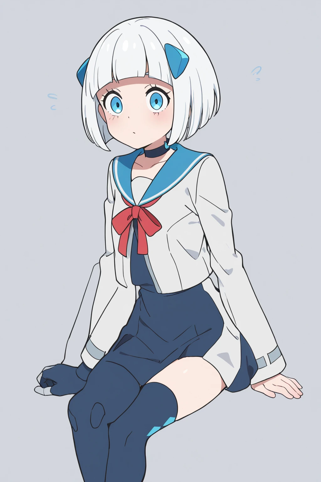 masterpiece, best quality, ultra detailed, 1girl, ((chibi girl)), ((cute)), smile, (full body), bob cut, big beautiful blue eyes, (white lab coat, simple designed blue shirt, blue skirt, white socks, blue sippers), (white background), (simple background), (one hand on hip), (empty-handed), ((point finger)),