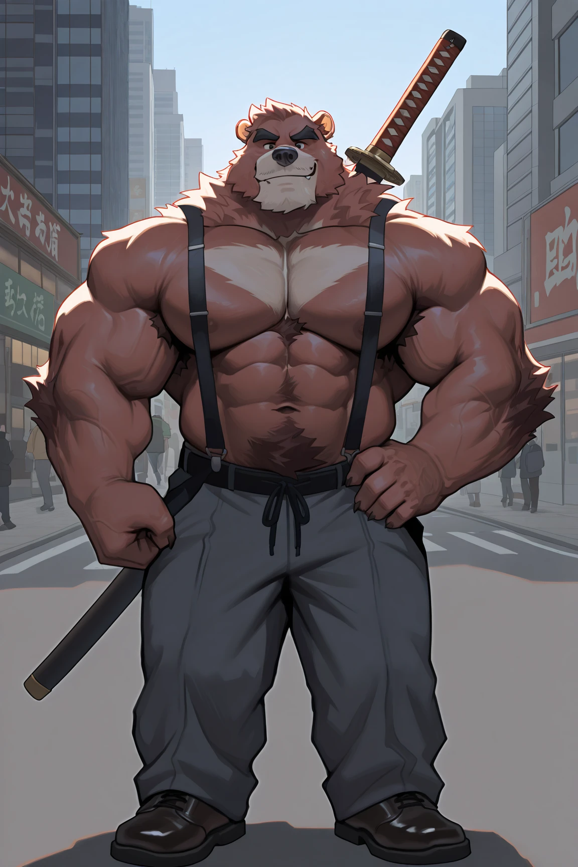 "Solo, a massive and muscular elderly polar bear with huge white fur strutting confidently through the bustling city streets, exhibiting his Herculean physique, shirtless and awe-inspiring."