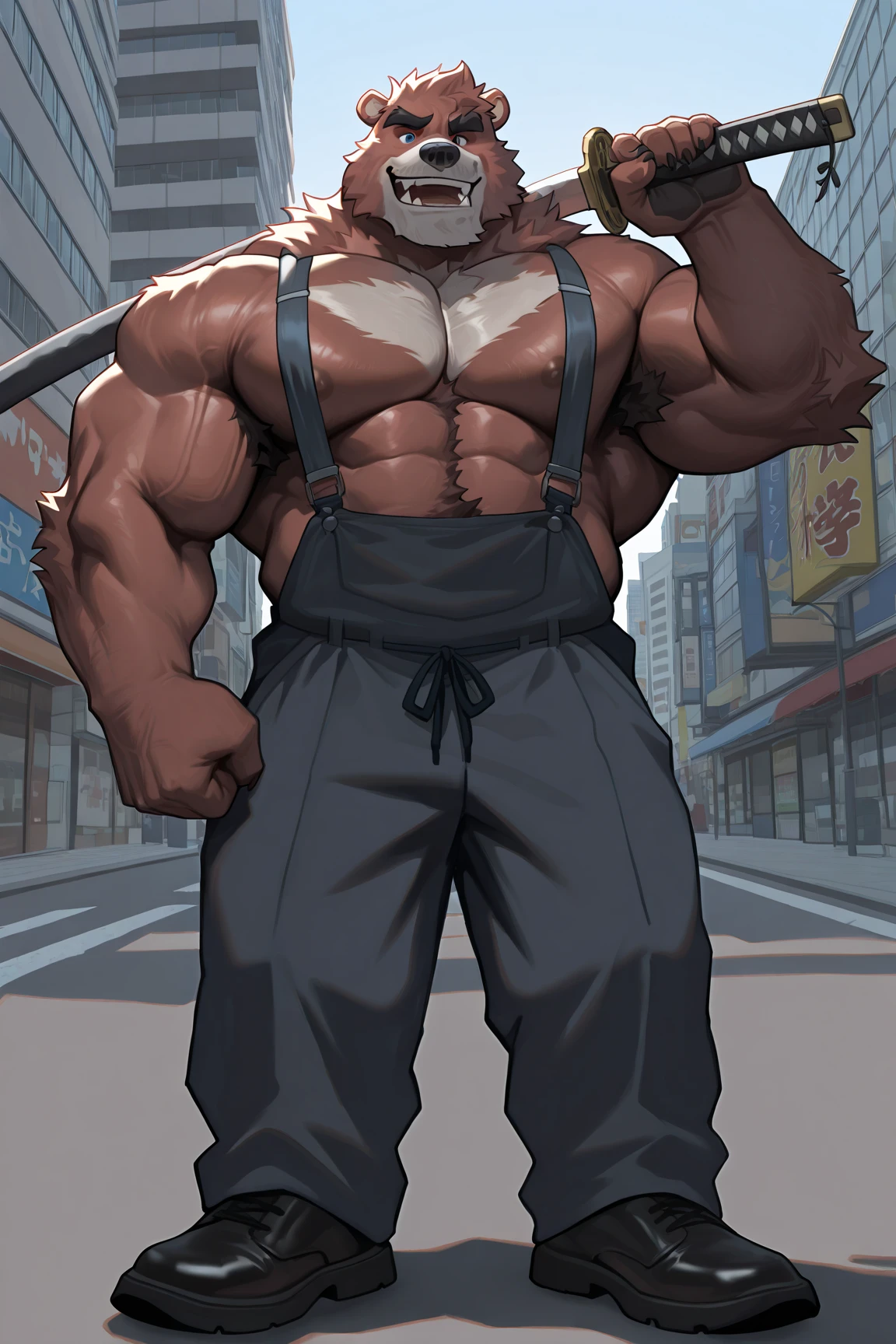 "Solo, a massive and muscular elderly man strutting confidently through the bustling city streets, exhibiting his Herculean physique, shirtless and awe-inspiring."