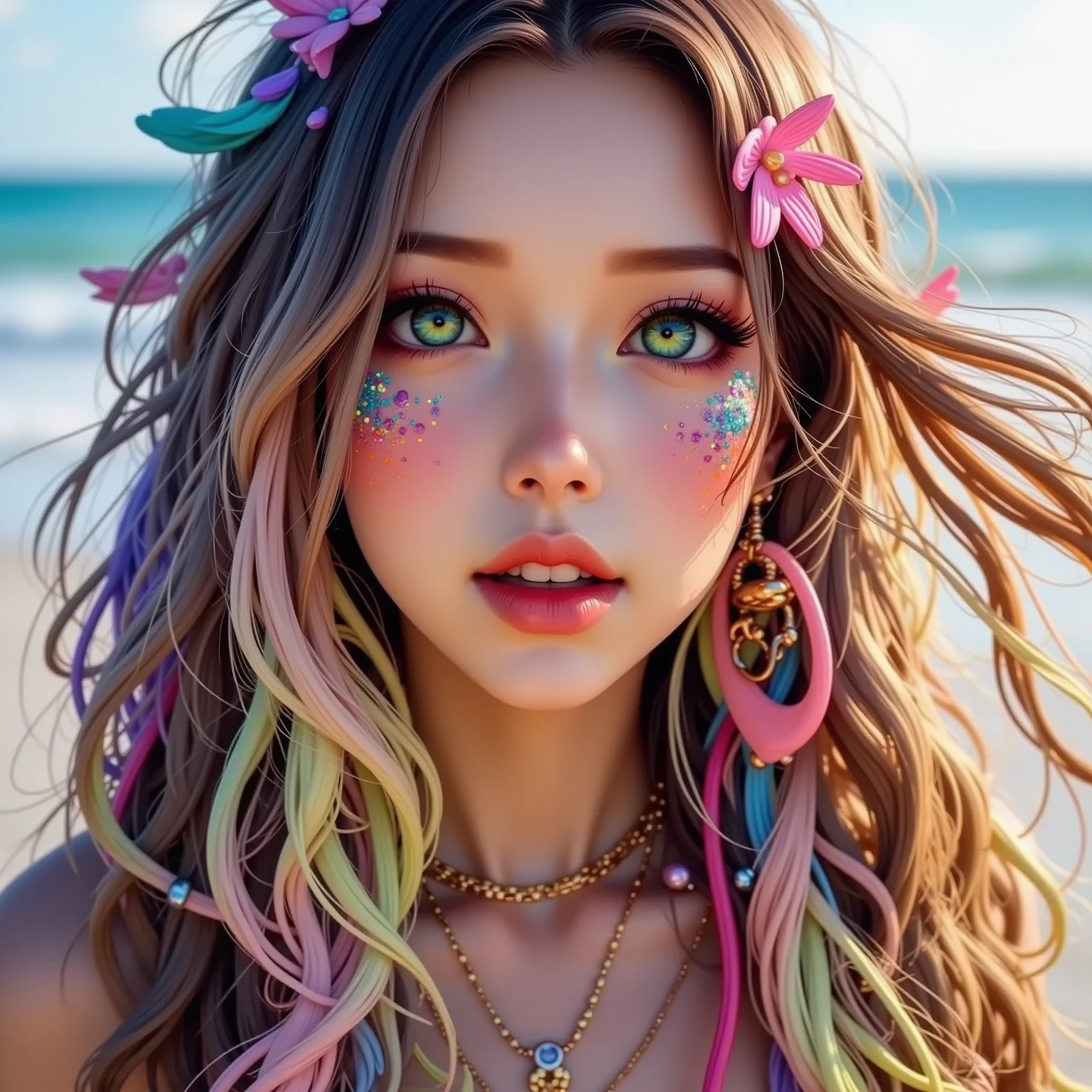 freckles, vibe, HDR. freckles, loving, day, (official art), Iridescent, f1.6 lens, whimsical, best quality, bloom, (RAW photo), sand storm, ((intricate details))