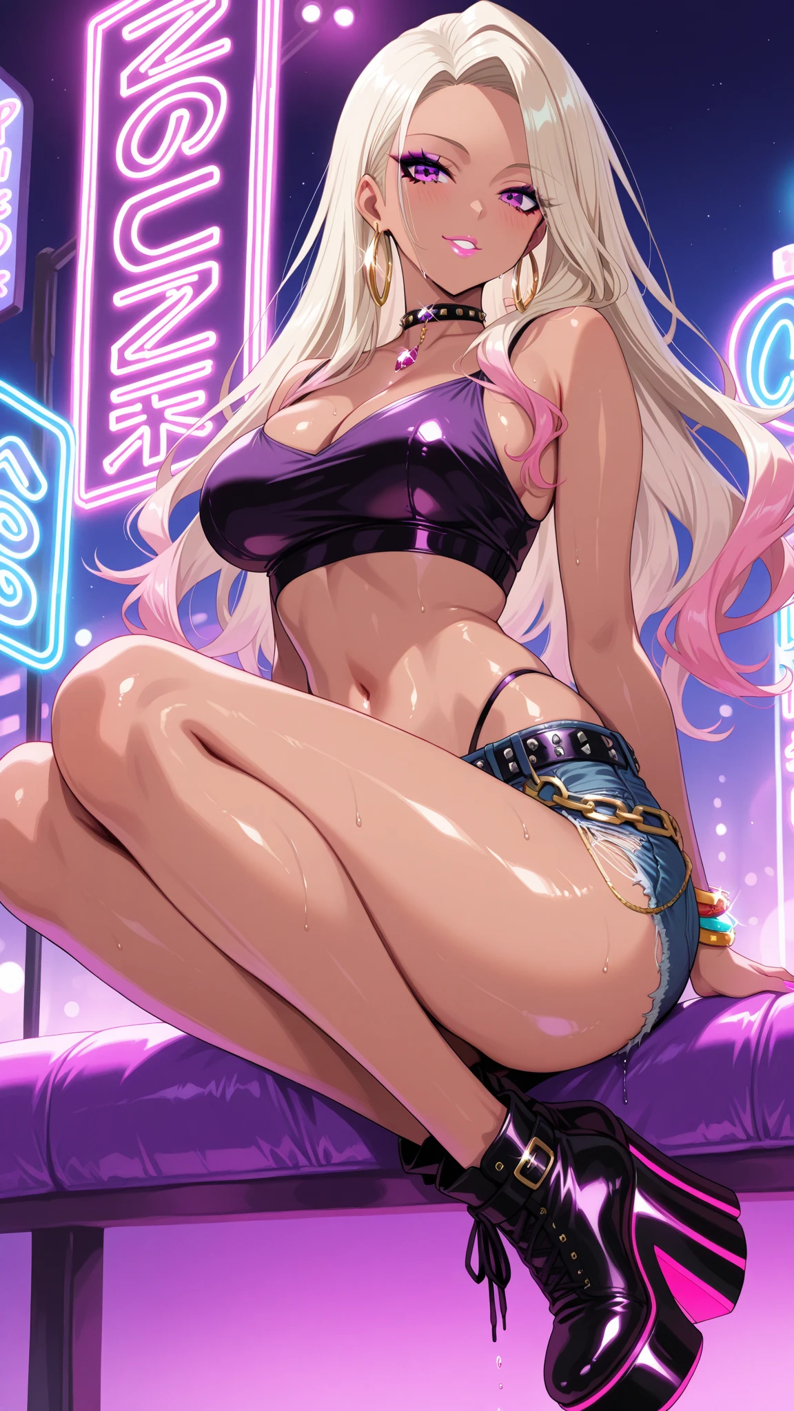 1 girl, tanned_skin, white long hair, large ass, wearing a white transparent lingerie, full lips, pretty long eyelashes, pretty eyebrows, soft looking skin, wearing one black velvet choker around her neck, night, neon light, masterpiece, wearing diamond earrings, from below, leaning forward, looking at viewer