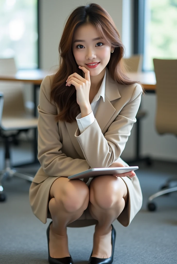 sitting in a chair, high quality, super realistic, office lady, beauty, smile, beautiful legs, beautiful eyes, beautiful and accurate face, beautiful hands, background is office