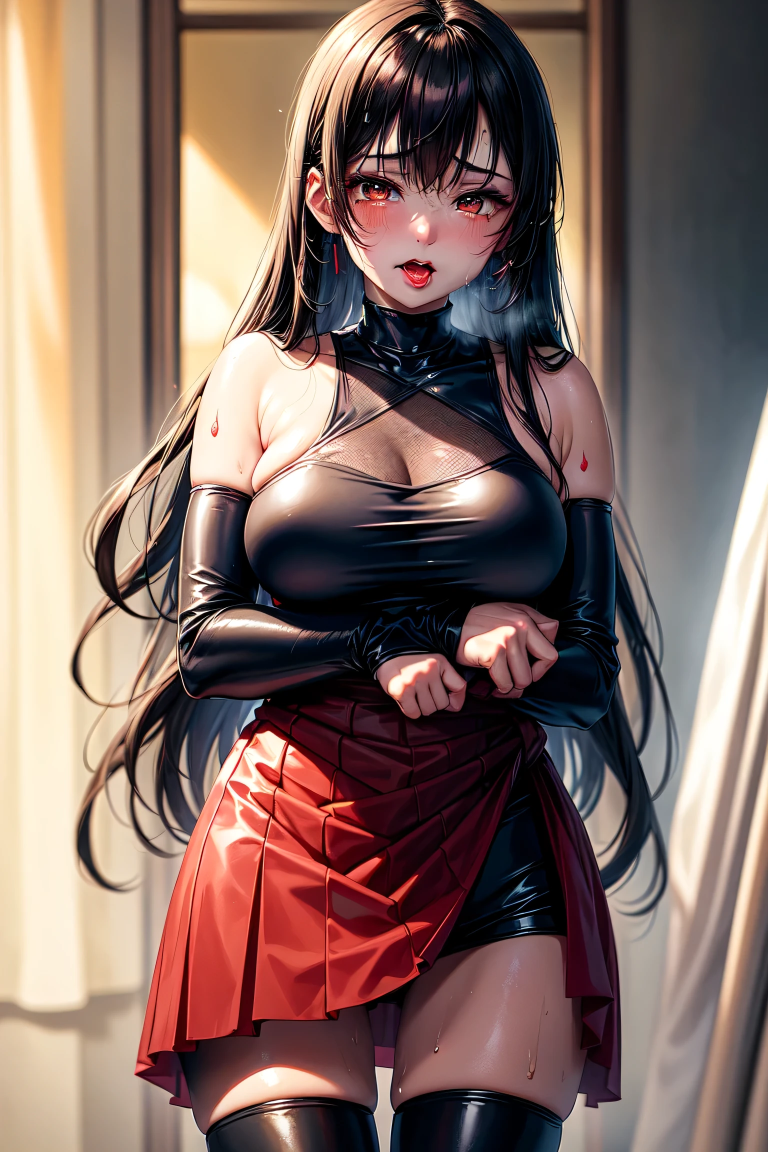 looking side, finest image, portrait, female, sexy, beautiful, cute, amorous expression, lewd expression, glossy iridescent hair, sparkling eyes, red alluring moist lips, dress shirt, tie, black vest, mini cheongsam skirt, black pantyhose, background many falling petals, professional lighting
