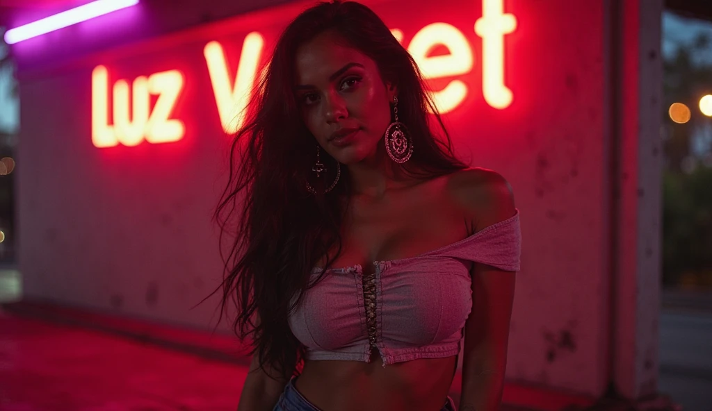 25-year old Mexican-American woman, long wavy black hair, big beautiful eyes, dark eye shadow, dark thick eye brows, thin nose, nose ring, juicy lips, high cheekbones, smiling, wearing neon clothes, glow paint, standing, night time, neon lights, EDM concert, at a concert, people in background, super detailed, 8k, intricately maximalist-details, extremely detailed, masterpiece