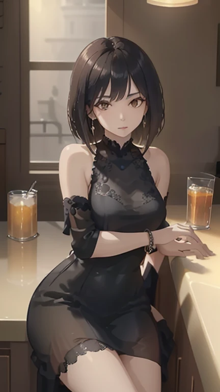 Ajof, side locks, golden hairband, hair adornments, ((Red eyes:1.5)), gold earring, Large breasts,((black hair:1.5)), 1girl, alternate costume, armlet, bare shoulders, black background, black dress, black gloves, black thighhighs, large breasts, cleavage, criss-cross halter,  dress, drinking glass, flower, gloves, gradient background, halterneck,  large breasts,looking at viewer, purple short nails, see-through gloves, solo, thighhighs, thighs, long hair, ((masterpiece)) pleated purple skirt, sitting,