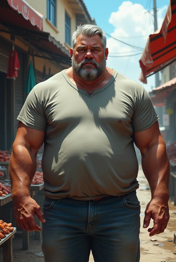 middle aged, spiky hair, male, eye scar, embarrassing, summer, show off muscles, body hair, Plump, show off muscles, chubby, pectoral muscle, hot temperature, naked, no real,