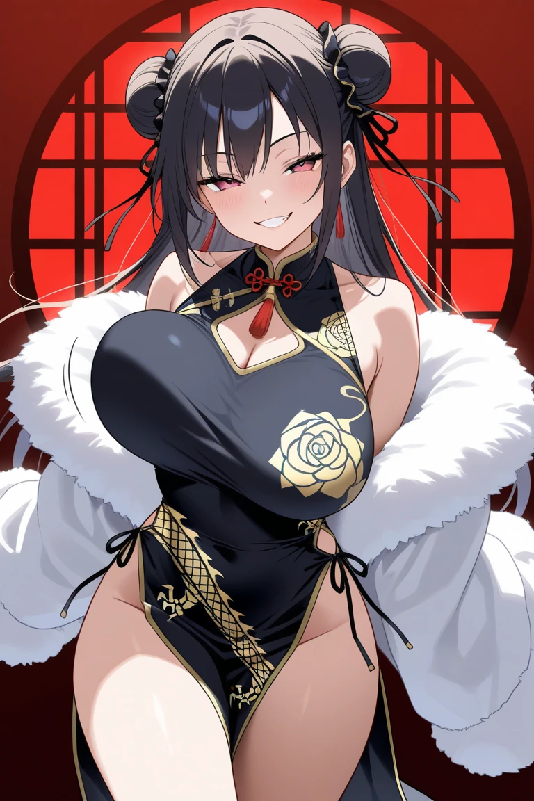 A MILF、A dark-haired、floting hair、Delicat eyes、red pupils、cleavage of the breast、thighs thighs thighs thighs、white panty、Red torii gate、Fox mask、natta、a moon、heroine、black and red antique damask Hanfu、FOV、f1.8、​masterpiece、complex scenes、Gorgeous portrait shots