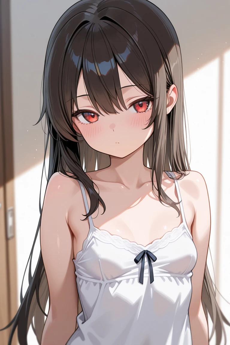 The girl, with long black hair and red eyes, was wearing underwear and panties, and was trying to cover it with a white towel, and her facial expression was annoyed and embarrassed.
