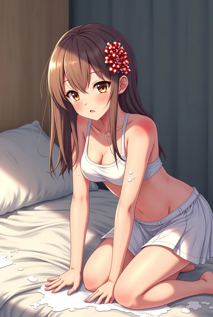 Wavy brown hair、ponytail、Red eyes、Beautiful girl alone、White Bikini、gravure、Sit on、warm sunlight、Small breasts，8K，high resolution、Shy expression、blush