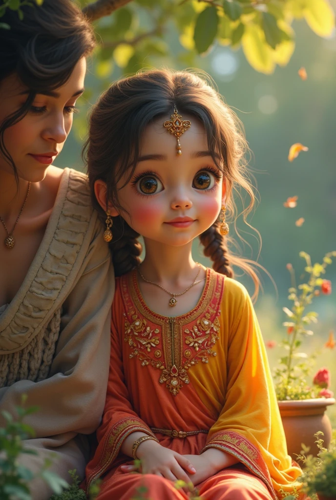 1Beautiful indigenous woman with Indian ornaments, deep gaze, sparkling eyes, in the background several mandalas and a beautiful and intricate totem holding new born baby girl