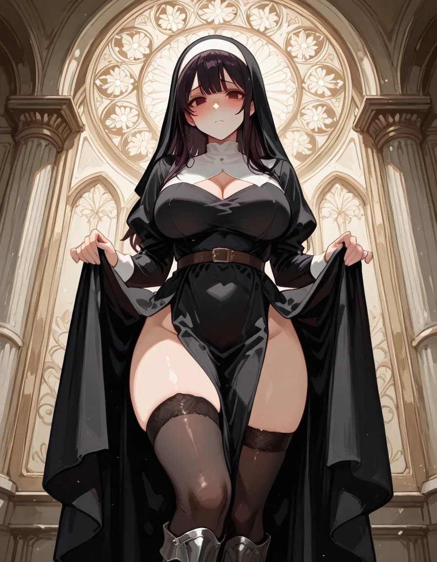 1girl, nun, cross, cross necklacke, jewelry, black hair, turquoise bangs, very short hair, hair over eyes, pale skin, medium breasts, yellow eyes, glowing eyes, black dress, church, evil smile, big belly, amulet on belly, glowing belly, onryo, terror scene, (masterpiece), best quality, anime style, ciel tsukihime