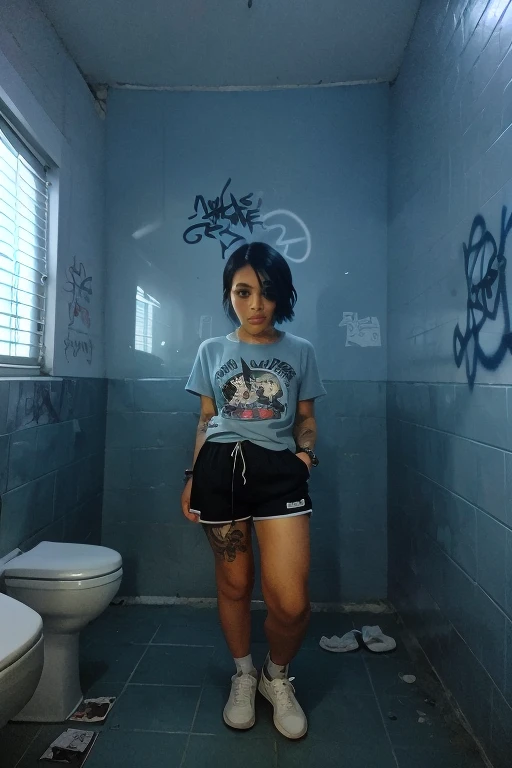frontal picture of a fit white girl, straight short black hair, perfect body, tattooed, school girl, black straight hair, posing wearing hoodie in toilet, sport shorts, on her knees, full body, dark lighting, midnight lighting, at night