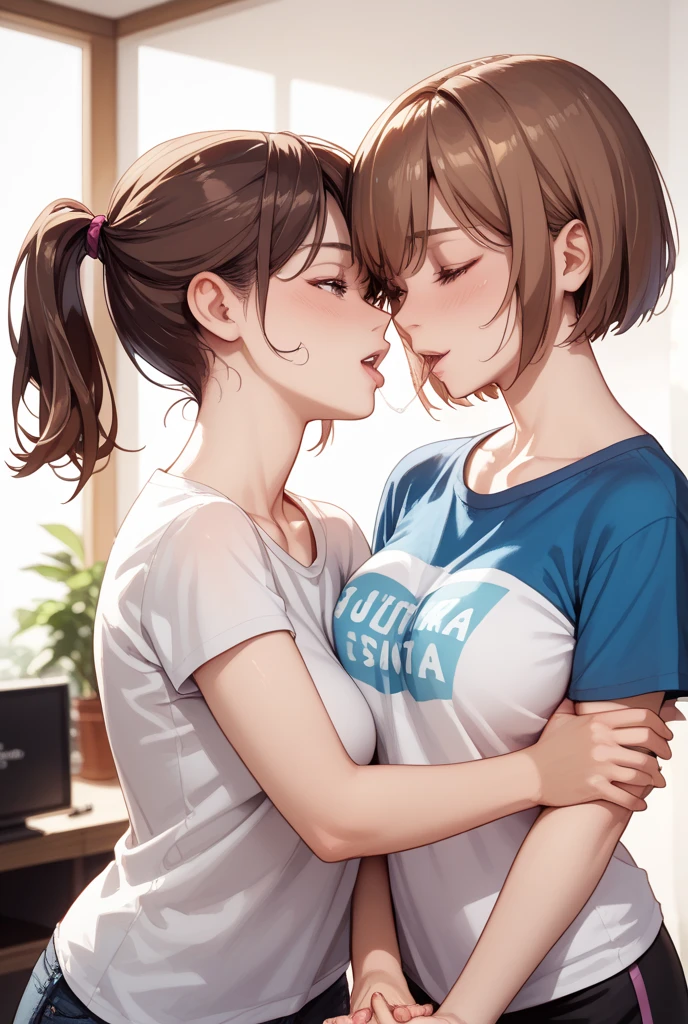 2girls, bdsm, black background, blush, bondage, bound, breast grab, breasts, brown hair, clothed female nude female, femdom, french kiss, from side, grabbing, green sweater, hanging breasts, head out of frame, huge breasts, kiss, lactation, long hair, multiple girls, nude, saliva, shirt, sweat, sweatdrop, sweater, sweater vest, tentacles, tongue, white shirt, yuri, pixel art