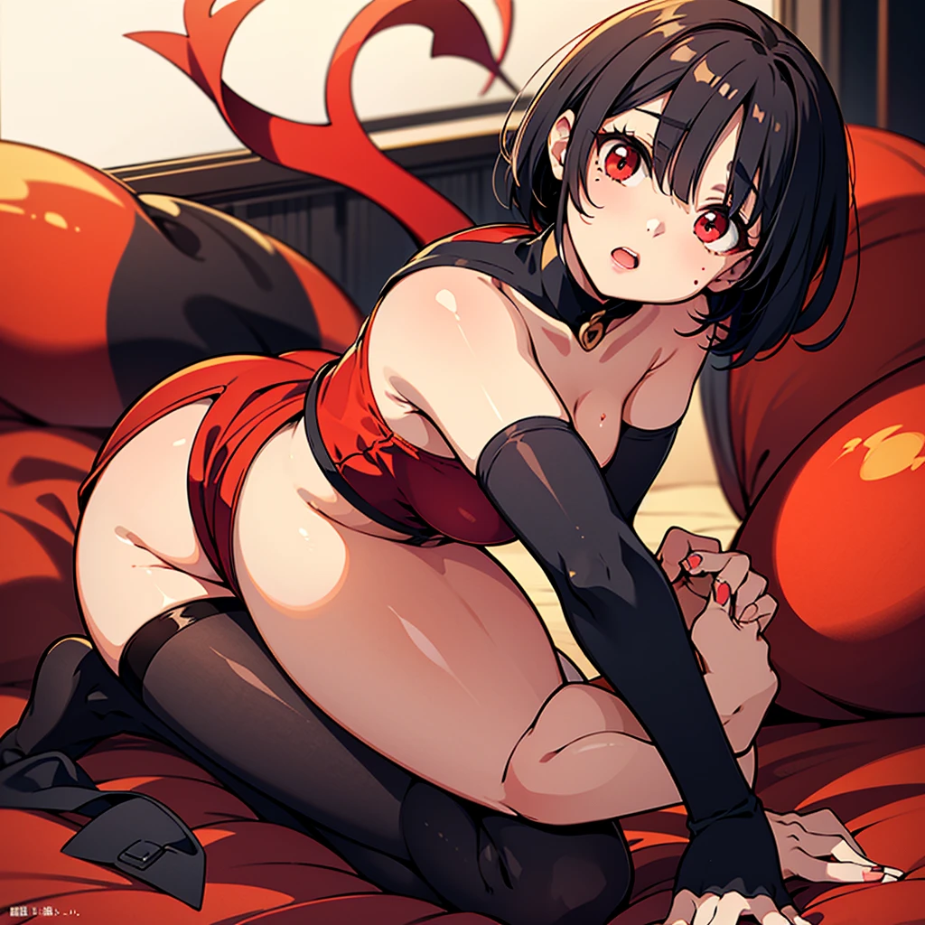 Cabello negro ondulado, mirada penetrante con ojos profundos de color rojo, estatura promedio, Silky hair with a ponytail hairstyle collected with a red bow with two white lines., acostada en su cama ,sin ropa , tiene vagina, tiene pechos,NSFW, poses pervertidas, mirada lujuriosa, pervertida, Uso de una tapa, usando una mini falda, sele ve el calzon abajo de la falda, mostrando mi culo a la camara, Pink lingerie panties 
