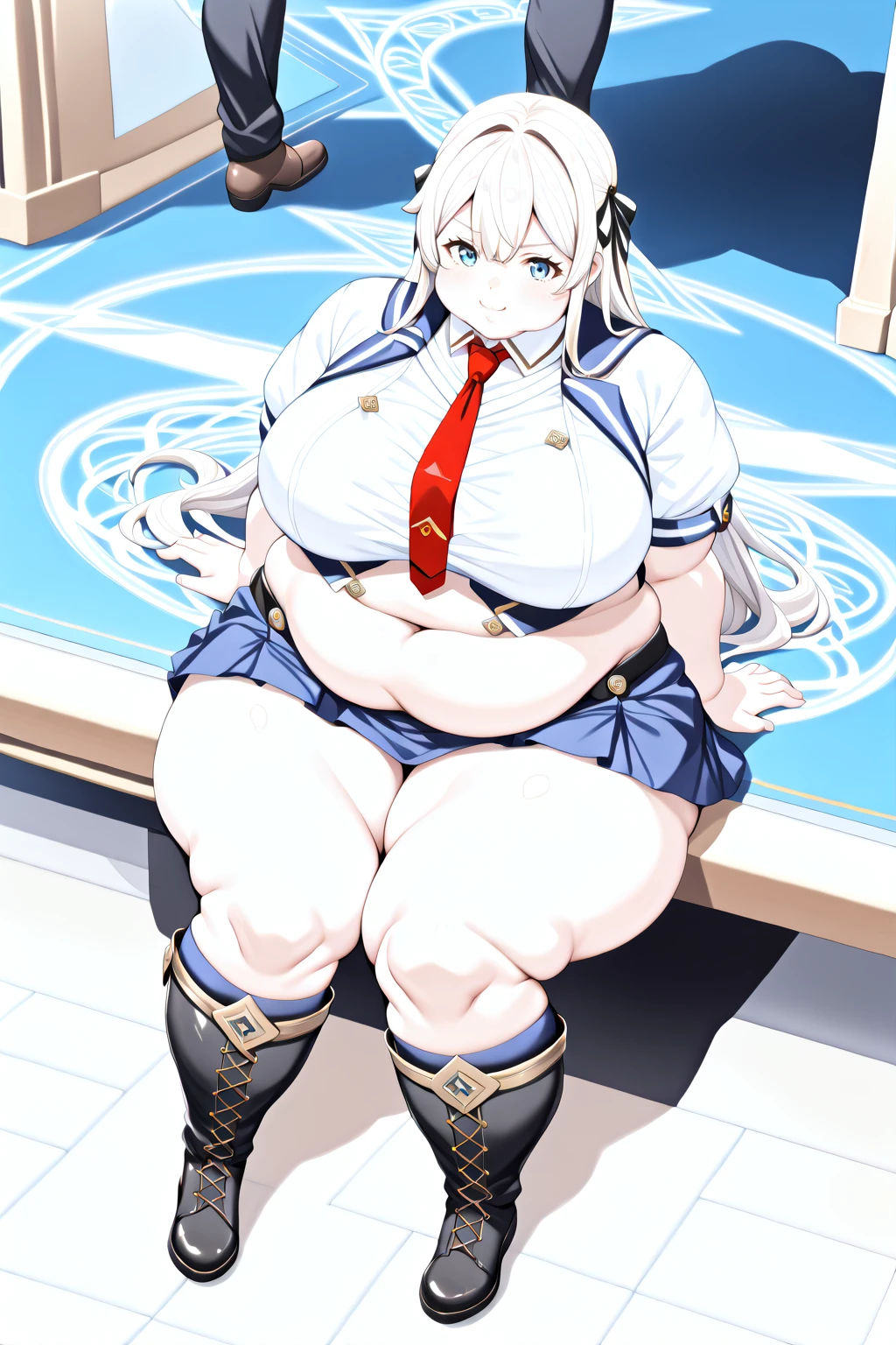 (masterpiece, best quality), 1girls, big belly, blurry background, huge belly, art by kipteitei, round belly, chubby, curvy, white button-up shirt, skirt, thighhighs, simple_background, gradient_background, belly bursting out of shirt, belly grab, enormous belly, fat belly, thicc, bigger belly, sitting on chair, really big belly, jiggly belly, shirt covering belly, belly cover by shirt