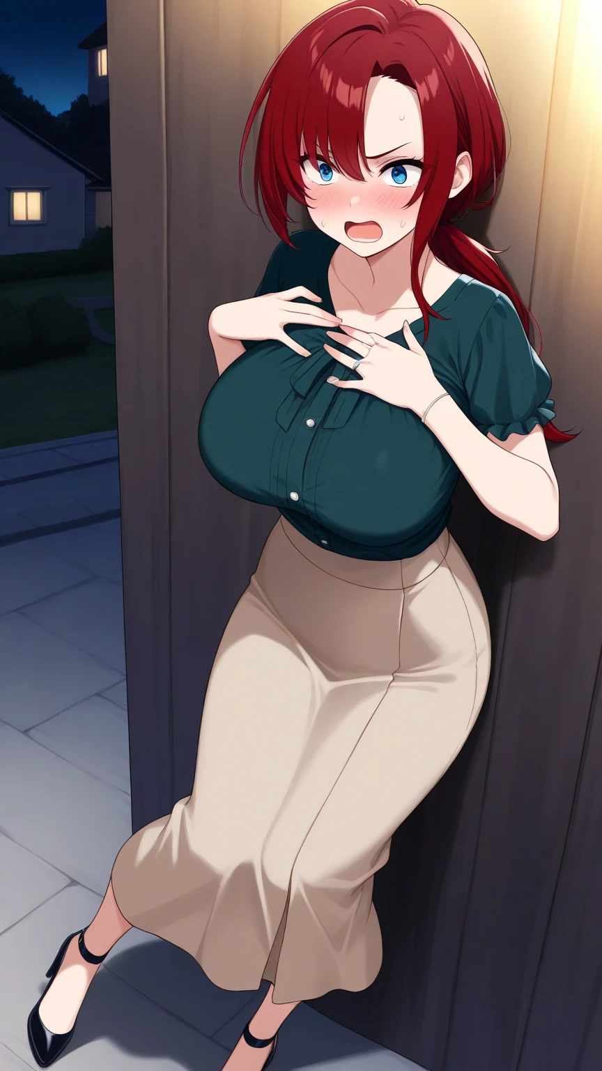 masterpiece, best quality, high quality, highres, big breasts, (mature female), (older), rainbow hair, long messy hair, hair over one eye, France, green eyes, grey dress, sleeveless, collarbone, grin, necklace, jewelry, earrings, blurry background, indoors, window, half-closed, (being stroked by a man's crotch) having with a man, 1 man, 1 woman, couple, white liquid splattered everywhere, cum, bukkake, red hair