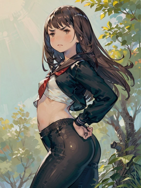 A young woman with ((long brown hair and gray eyes)), wearing sexy clothes, a skirt with a slit that reaches to her waist, (((flapping in the wind, and no underwear))).