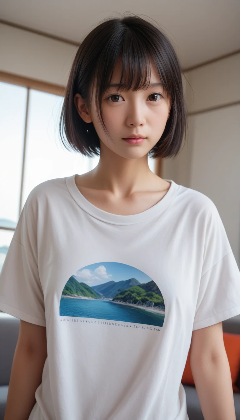 One beauty、((best qualtiy、8k masterpieces:1.3))、foco nítido:1.2、(ultra beautiful faces:1.0)、(shinny skin:1.0)、photos realistic、A dark-haired、Video Lighting、High-definition eyes and face、Video Lighting、25-year-old Japan actress、from the front side、medium breasts、Smile、Slender Abs Beauty、Whole body、Kanji for Japan「tenderness」Wearing a T-shirt、At the shrine