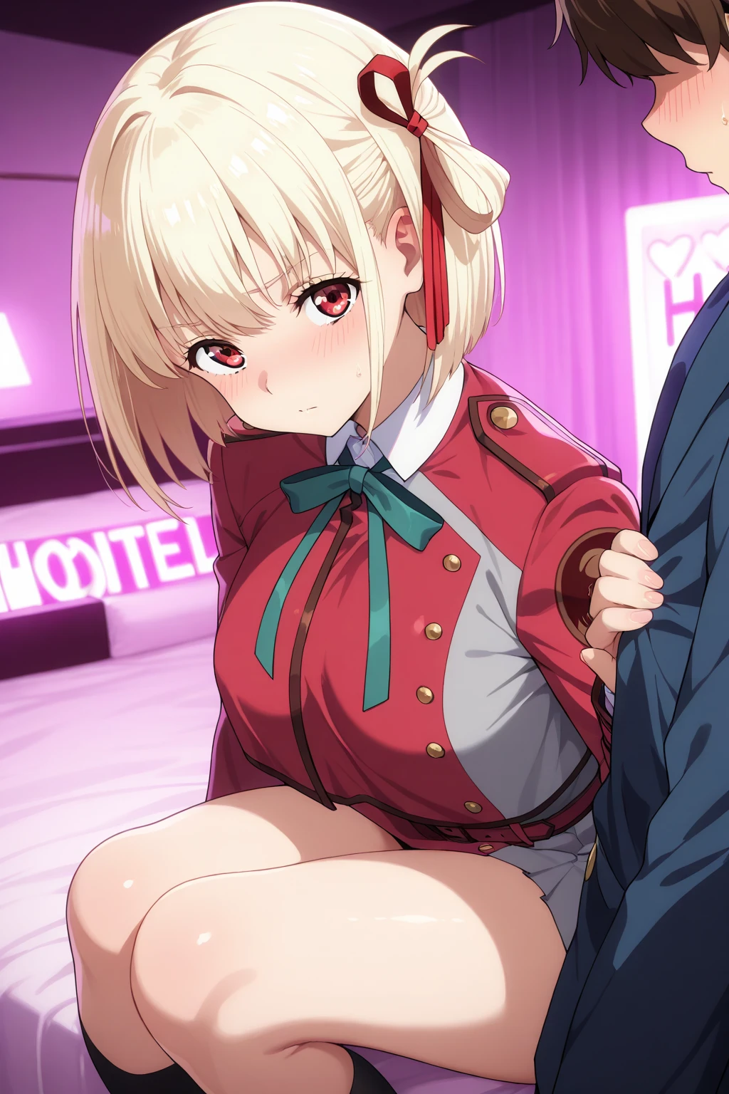 A young woman of 20 years (having anal sex ) with short blonde hair, eyes the color of honey, and a slim body, crouching on a bed, You can see his underwear. his face is refined, and wears a red pizza delivery uniform. She wears a cap that matches the red color of her uniform and a red skirt..