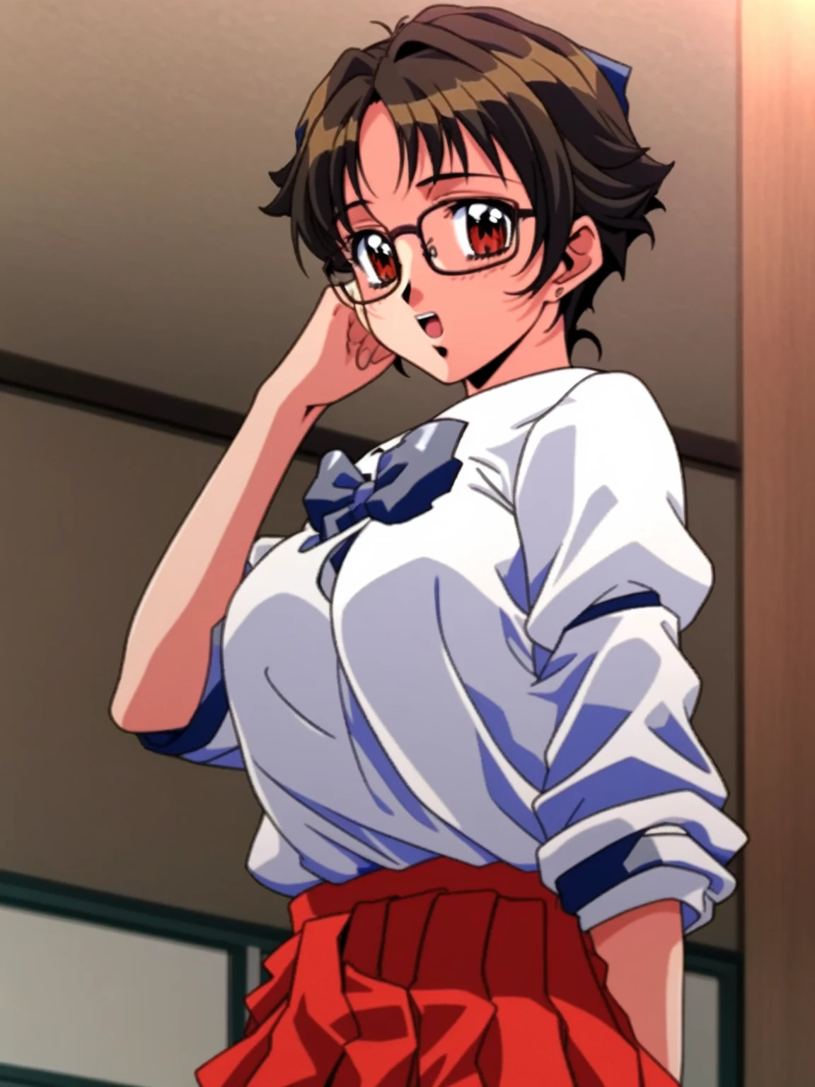 fujisakimika, 1girl, solo,short hair, brown hair, brown eyes, glasses,  smile, happy,
1990s (style), breasts,
masterpiece, high quality, very_high_resolution, large_filesize, full color, masterpiece, expensive quality, very_expensive_solve, big_file size, full color,(completely nude:1.2),pussy,niplles,