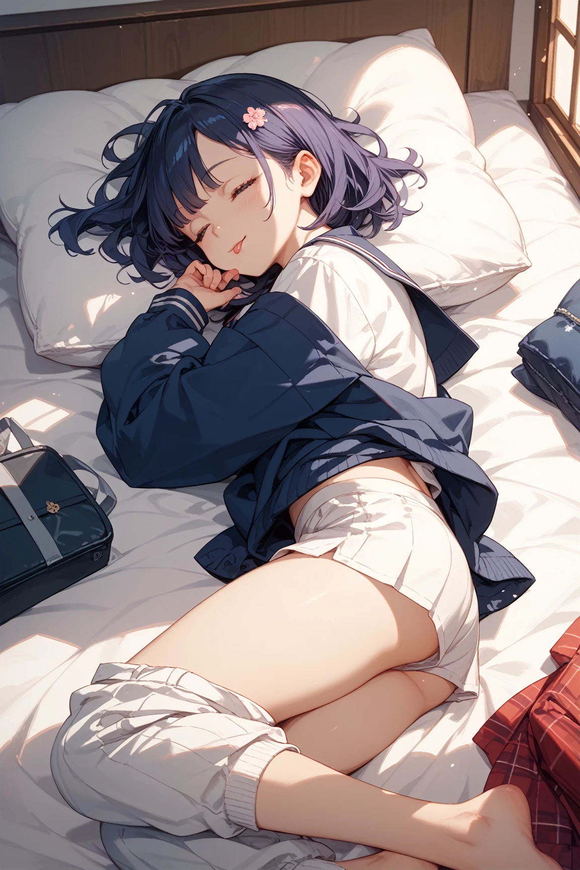 god wanderer，Wearing cute and sexy pajamas，Blushing and lying on the bed shyly，Lift up the clothes with your hands to expose the flesh between his belly，The legs are all very white in the photo，in bedroom，The bed is white，Close the curtains at night