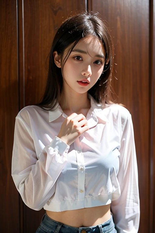 absurdres, RAW photo, extremely delicate and beautiful, masterpiece, Best Quality, ultra high resolution, 32k, hyperrealistic, ultra-detailed, perfect figure, in her 20s, very small head, very small face, delicate facial features, tearful mole, earring, huge breasts, huge breasts, full body shot, medium hair, black hair, collared shirt, shorts, bare legs,