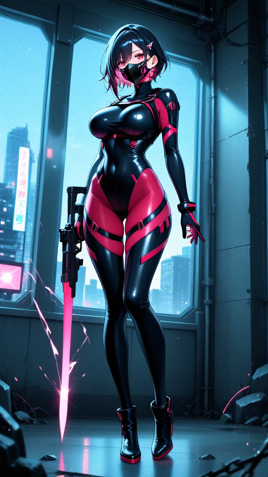 1girl, red eyes, blue hair, very short hair, ponytail, large breasts, hourglass figure, bodysuit, black bodysuit, neon, neon trim, machinery, tech, science-fiction, red glasses, futuristic, smile, standing, full body, ((full body)), sword, lightsaber, holding weapon