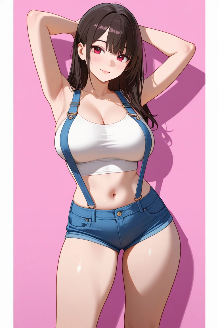 20 years old,1 mature woman,hyperrealistic, 8k, (extremely detailed 8k), (very delicate and beautiful), (masterpiece), (better quality:1.0), (ultra high resolution:1.0), (masterpiece, best quality),cute,black hair,ponytail,POV,full body,white background,realistic skin,Crop Top, Denim Shorts, Striped Knee Socks,,model posing